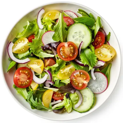 Fresh garden salad with tomatoes, cucumber, radish and red onion
