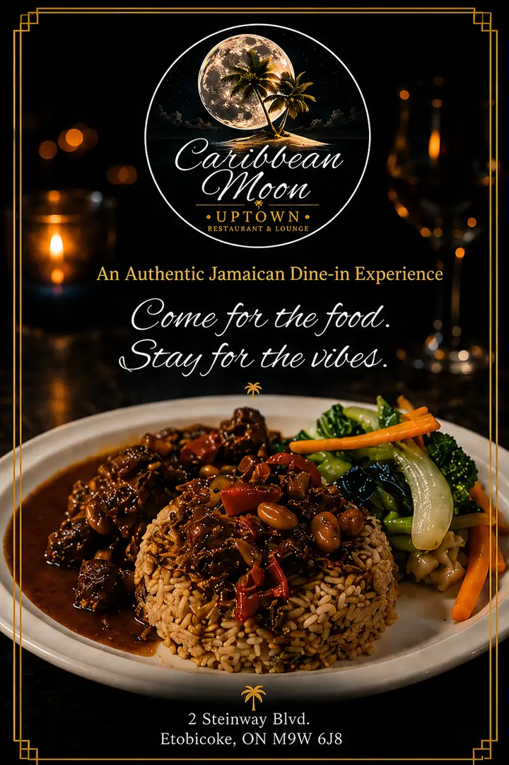 Caribbean Moon Uptown – oxtail with rice and peas. An Authentic Jamaican Dine-in Experience. 2 Steinway Blvd., Etobicoke